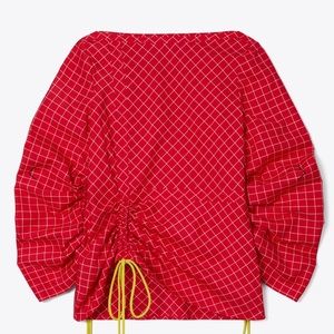 100% AUTHENTIC TORY BURCH WINDOWPANE TUNIC TOP RED WHITE SIZE 2